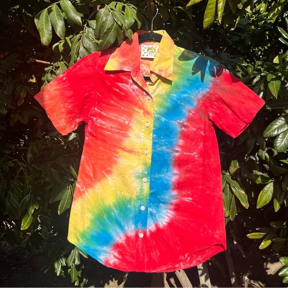 BIG BUD PRESS rainbow tie dye cotton short sleeve button up shirt‎